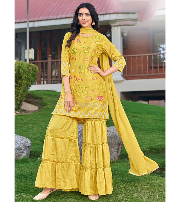 Laxmipati D3-089 Viscose Fabric Corn Yellow Kurti With Sharara & Dupatta