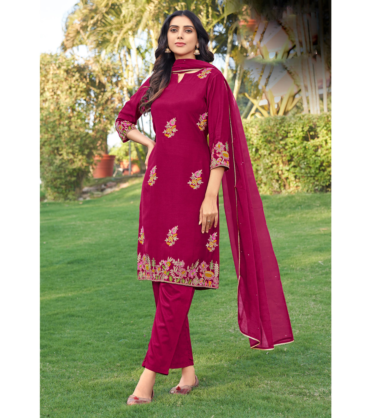 Laxmipati D3-099 Viscose Fabric Ruby Red Kurti With Pant & Dupatta