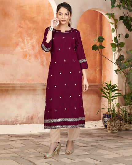 Laxmipati Bombay Velvet Mulberry Maroon Straight Kurti Have Fancy Necklines With All Over Grading Embossed Buttas   & Laces Use Of Contrast Colour Effect, Along With Pant