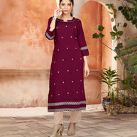 Laxmipati Bombay Velvet Mulberry Maroon Straight Kurti Have Fancy Necklines With All Over Grading Embossed Buttas   & Laces Use Of Contrast Colour Effect, Along With Pant