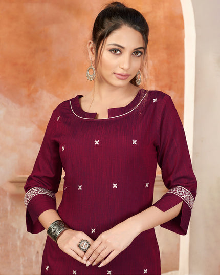 Laxmipati Bombay Velvet Mulberry Maroon Straight Kurti Have Fancy Necklines With All Over Grading Embossed Buttas   & Laces Use Of Contrast Colour Effect, Along With Pant