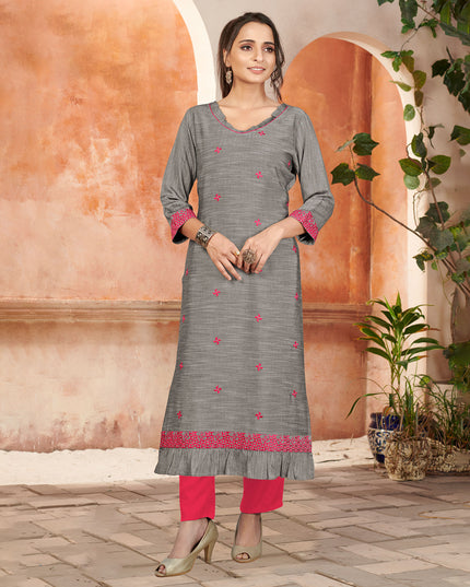 Laxmipati Bombay Velvet Shark Grey  Straight Kurti Have Fancy Necklines With All Over Grading Embossed Buttas   & Laces Use Of Contrast Colour Effect, Along With Pant
