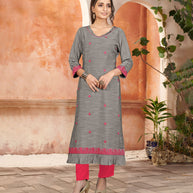 Laxmipati Bombay Velvet Shark Grey  Straight Kurti Have Fancy Necklines With All Over Grading Embossed Buttas   & Laces Use Of Contrast Colour Effect, Along With Pant