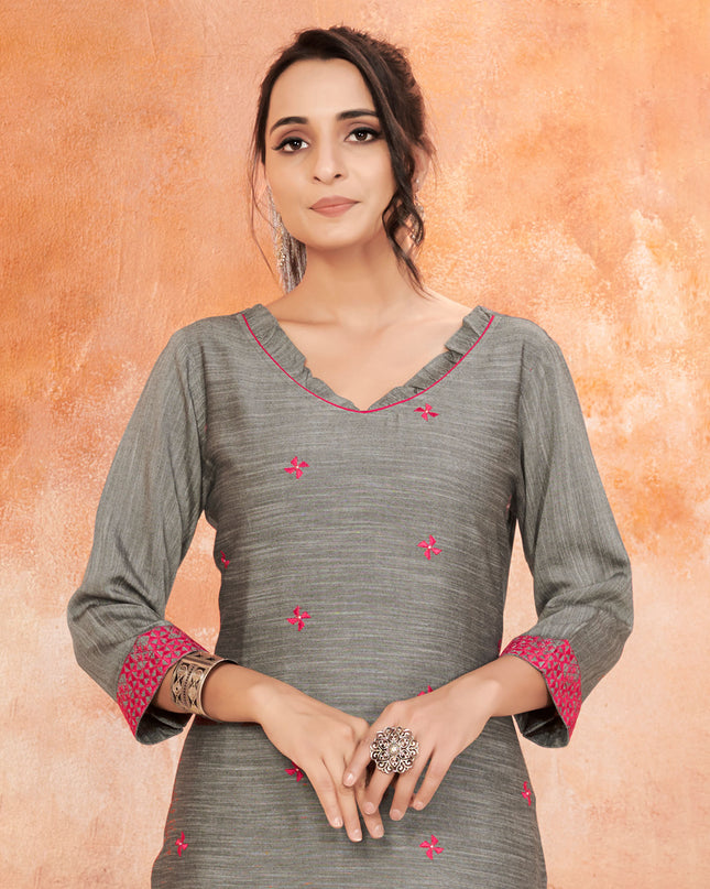 Laxmipati Bombay Velvet Shark Grey  Straight Kurti Have Fancy Necklines With All Over Grading Embossed Buttas   & Laces Use Of Contrast Colour Effect, Along With Pant