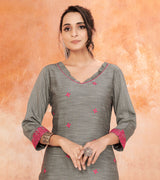 Laxmipati Bombay Velvet Shark Grey  Straight Kurti Have Fancy Necklines With All Over Grading Embossed Buttas   & Laces Use Of Contrast Colour Effect, Along With Pant