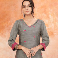 Laxmipati Bombay Velvet Shark Grey  Straight Kurti Have Fancy Necklines With All Over Grading Embossed Buttas   & Laces Use Of Contrast Colour Effect, Along With Pant