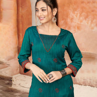 Laxmipati Bombay Velvet Peacock Green Straight Kurti Have Fancy Necklines With All Over Grading Embossed Buttas   & Laces Use Of Contrast Colour Effect, Along With Pant