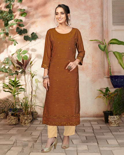 Laxmipati Bombay Velvet Cinamon Brown Straight Kurti Have Fancy Necklines With All Over Grading Embossed Buttas   & Laces Use Of Contrast Colour Effect, Along With Pant