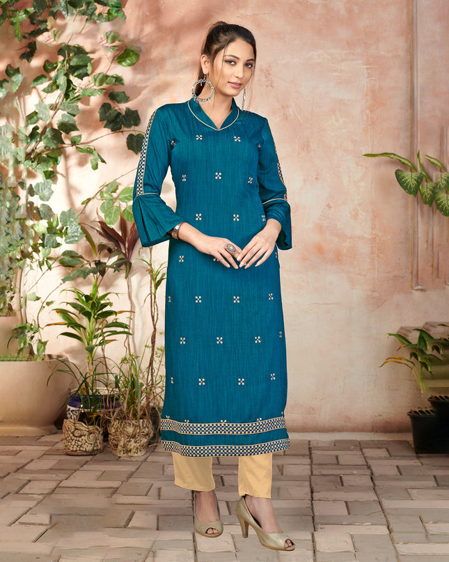 Laxmipati Bombay Velvet Whale Blue Straight Kurti Have Fancy Necklines With All Over Grading Embossed Buttas   & Laces Use Of Contrast Colour Effect, Along With Pant