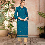 Laxmipati Bombay Velvet Whale Blue Straight Kurti Have Fancy Necklines With All Over Grading Embossed Buttas   & Laces Use Of Contrast Colour Effect, Along With Pant