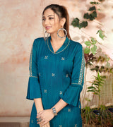 Laxmipati Bombay Velvet Whale Blue Straight Kurti Have Fancy Necklines With All Over Grading Embossed Buttas   & Laces Use Of Contrast Colour Effect, Along With Pant