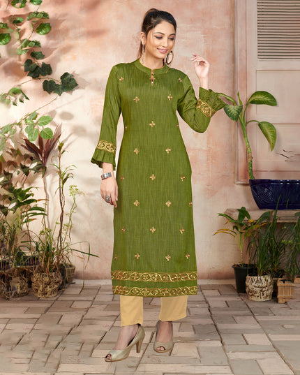 Laxmipati Bombay Velvet Leaf Green Straight Kurti Have Fancy Necklines With All Over Grading Embossed Buttas   & Laces Use Of Contrast Colour Effect, Along With Pant
