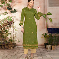 Laxmipati Bombay Velvet Leaf Green Straight Kurti Have Fancy Necklines With All Over Grading Embossed Buttas   & Laces Use Of Contrast Colour Effect, Along With Pant