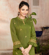 Laxmipati Bombay Velvet Leaf Green Straight Kurti Have Fancy Necklines With All Over Grading Embossed Buttas   & Laces Use Of Contrast Colour Effect, Along With Pant