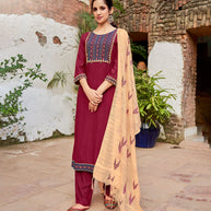 Laxmipati Pure Viscose Mysty Maroon Straight Cut Kurti With Pant And Dupatta