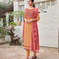 Laxmipati Pure Viscose Burn Out Beige Straight Cut Kurti With Pant And Dupatta
