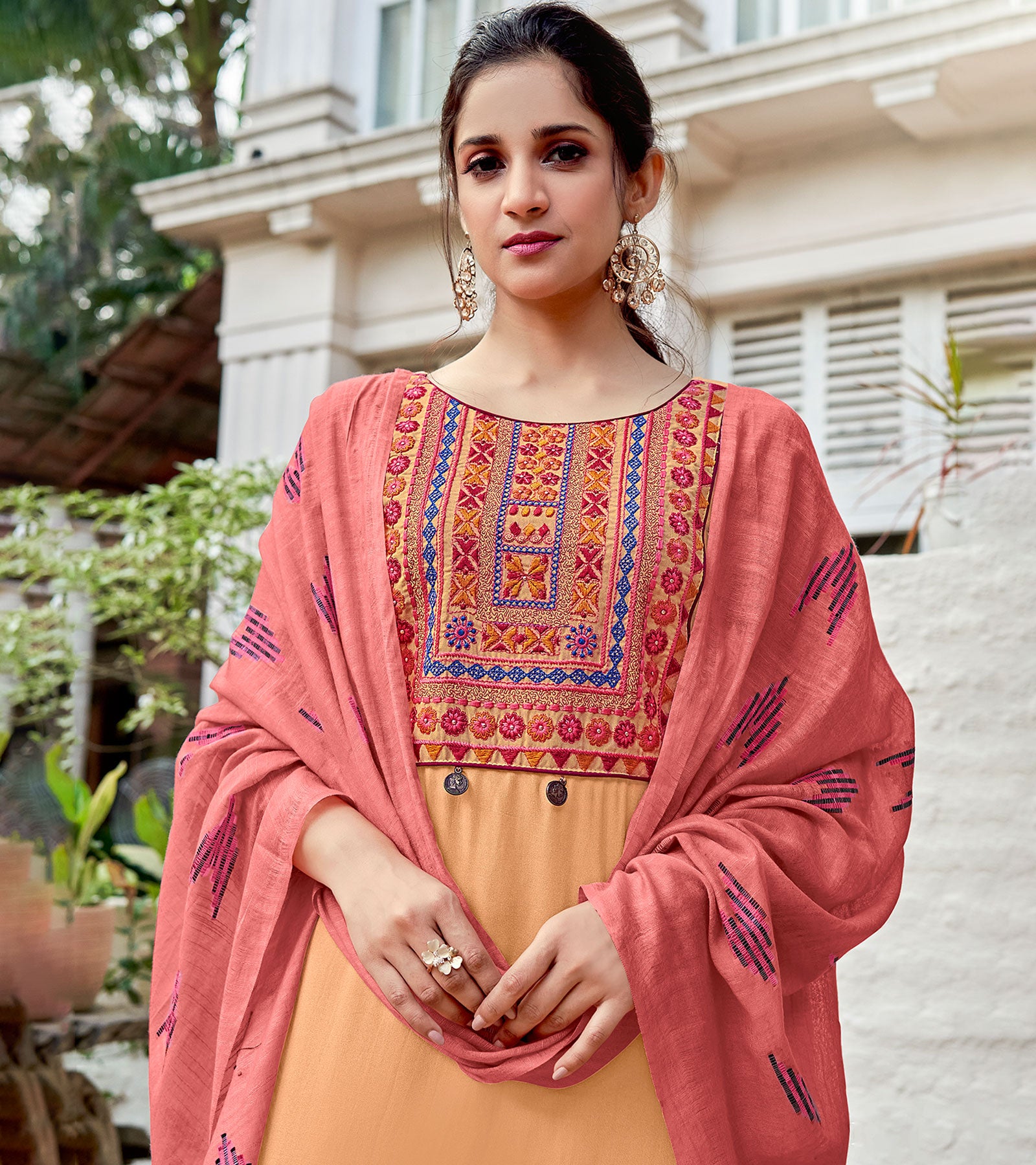 Laxmipati Pure Viscose Burn Out Beige Straight Cut Kurti With Pant And Dupatta