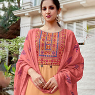 Laxmipati Pure Viscose Burn Out Beige Straight Cut Kurti With Pant And Dupatta