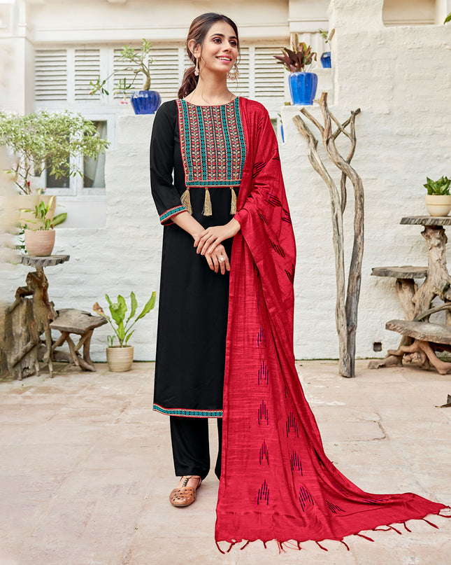 Laxmipati Pure Viscose Forever Black with Red Straight Cut Kurti With Pant And Dupatta