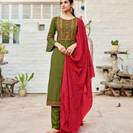Laxmipati Pure Viscose Jungle Green Straight Cut Kurti With Pant And Dupatta