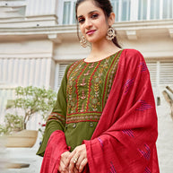 Laxmipati Pure Viscose Jungle Green Straight Cut Kurti With Pant And Dupatta