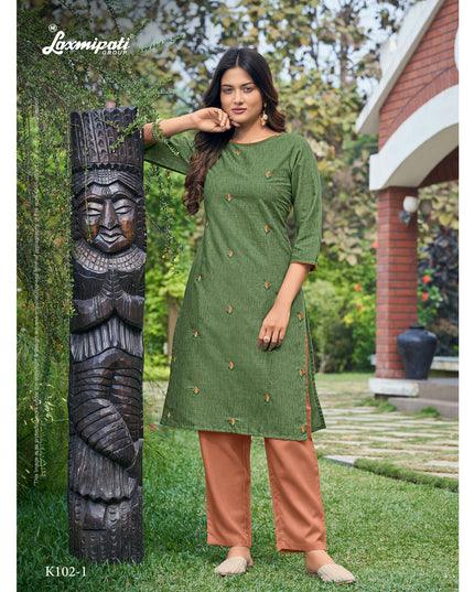 Laxmipati  Nitya Spun Base Fabric Garden Green Straight Cut Kurti