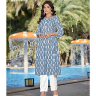 Laxmipati Spun Base Fabric Steel Blue Nayra Cut Kurti With Pant