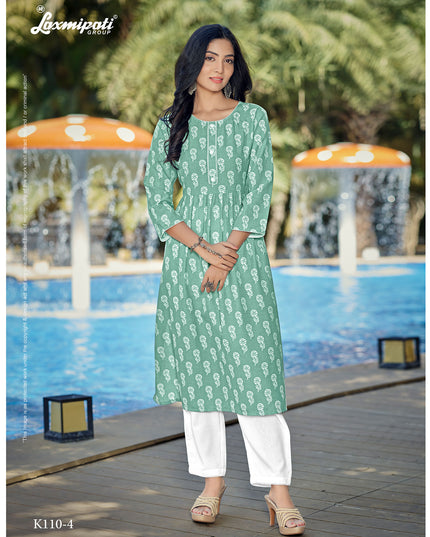 Laxmipati Spun Base Fabric Turquoise Green Light Nayra Cut Kurti With Pant