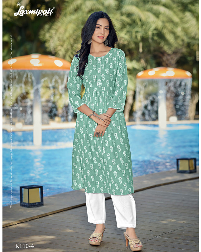 Laxmipati Spun Base Fabric Turquoise Green Light Nayra Cut Kurti With Pant