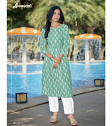 Laxmipati Spun Base Fabric Turquoise Green Light Nayra Cut Kurti With Pant