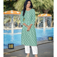Laxmipati Spun Base Fabric Turquoise Green Light Nayra Cut Kurti With Pant