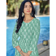 Laxmipati Spun Base Fabric Turquoise Green Light Nayra Cut Kurti With Pant