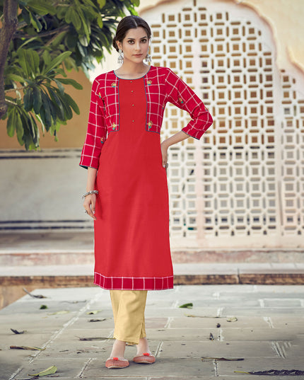 Laxmipati Rayon Cross And Swiss Slub Pure Red And Checks Kurti With Two Fabrics By Giving All Over Grading Butta With Different Princess Lines , Fancy Yoke , Classy Necklines And Sleeve With Comfy Cuff.