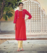 Laxmipati Rayon Cross And Swiss Slub Pure Red And Checks Kurti With Two Fabrics By Giving All Over Grading Butta With Different Princess Lines , Fancy Yoke , Classy Necklines And Sleeve With Comfy Cuff.