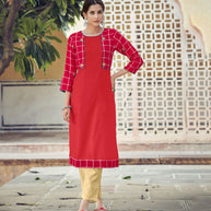 Laxmipati Rayon Cross And Swiss Slub Pure Red And Checks Kurti With Two Fabrics By Giving All Over Grading Butta With Different Princess Lines , Fancy Yoke , Classy Necklines And Sleeve With Comfy Cuff.