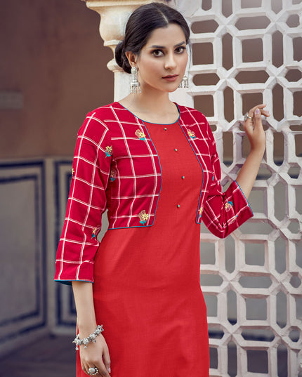 Laxmipati Rayon Cross And Swiss Slub Pure Red And Checks Kurti With Two Fabrics By Giving All Over Grading Butta With Different Princess Lines , Fancy Yoke , Classy Necklines And Sleeve With Comfy Cuff.