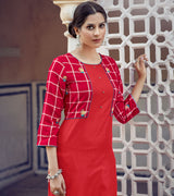 Laxmipati Rayon Cross And Swiss Slub Pure Red And Checks Kurti With Two Fabrics By Giving All Over Grading Butta With Different Princess Lines , Fancy Yoke , Classy Necklines And Sleeve With Comfy Cuff.