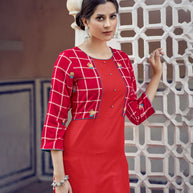 Laxmipati Rayon Cross And Swiss Slub Pure Red And Checks Kurti With Two Fabrics By Giving All Over Grading Butta With Different Princess Lines , Fancy Yoke , Classy Necklines And Sleeve With Comfy Cuff.