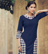 Laxmipati Rayon Cross And Swiss Slub Navy Blue And White Blue Checks Kurti With Two Fabrics By Giving All Over Grading Butta With Different Princess Lines , Fancy Yoke , Classy Necklines And Sleeve With Comfy Cuff.