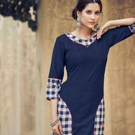 Laxmipati Rayon Cross And Swiss Slub Navy Blue And White Blue Checks Kurti With Two Fabrics By Giving All Over Grading Butta With Different Princess Lines , Fancy Yoke , Classy Necklines And Sleeve With Comfy Cuff.
