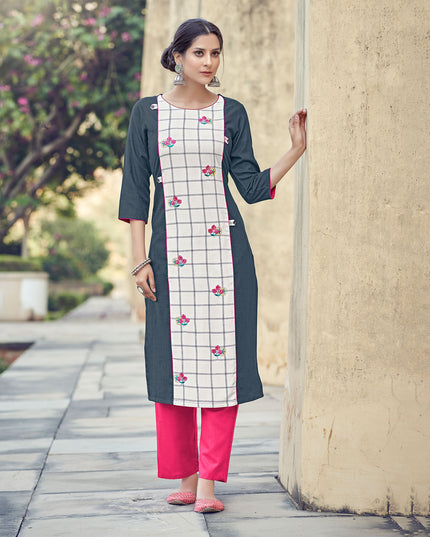 Laxmipati Rayon Cross And Swiss Slub Shadow Grey And White Checks Kurti With Two Fabrics By Giving All Over Grading Butta With Different Princess Lines , Fancy Yoke , Classy Necklines And Sleeve With Comfy Cuff.