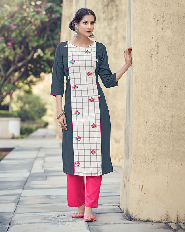 Laxmipati Rayon Cross And Swiss Slub Shadow Grey And White Checks Kurti With Two Fabrics By Giving All Over Grading Butta With Different Princess Lines , Fancy Yoke , Classy Necklines And Sleeve With Comfy Cuff.