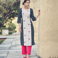 Laxmipati Rayon Cross And Swiss Slub Shadow Grey And White Checks Kurti With Two Fabrics By Giving All Over Grading Butta With Different Princess Lines , Fancy Yoke , Classy Necklines And Sleeve With Comfy Cuff.