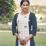 Laxmipati Rayon Cross And Swiss Slub Shadow Grey And White Checks Kurti With Two Fabrics By Giving All Over Grading Butta With Different Princess Lines , Fancy Yoke , Classy Necklines And Sleeve With Comfy Cuff.