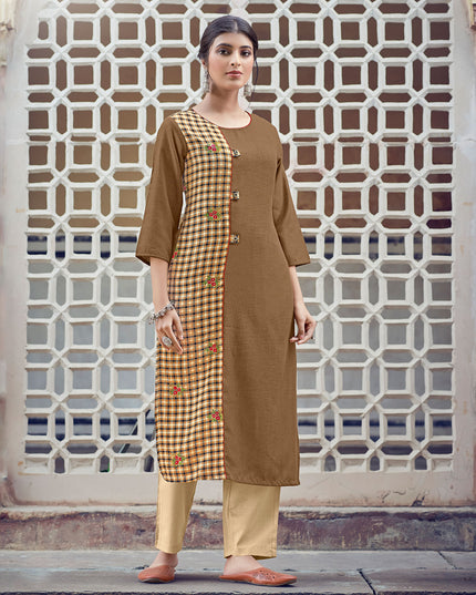 Laxmipati Rayon Cross And Swiss Slub Earthy Brown Ans Checks Kurti With Two Fabrics By Giving All Over Grading Butta With Different Princess Lines , Fancy Yoke , Classy Necklines And Sleeve With Comfy Cuff.