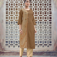 Laxmipati Rayon Cross And Swiss Slub Earthy Brown Ans Checks Kurti With Two Fabrics By Giving All Over Grading Butta With Different Princess Lines , Fancy Yoke , Classy Necklines And Sleeve With Comfy Cuff.