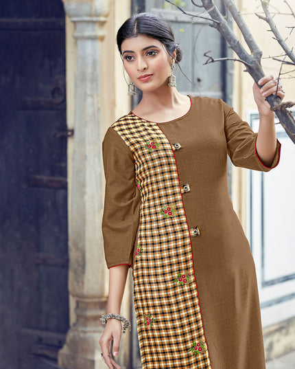 Laxmipati Rayon Cross And Swiss Slub Earthy Brown Ans Checks Kurti With Two Fabrics By Giving All Over Grading Butta With Different Princess Lines , Fancy Yoke , Classy Necklines And Sleeve With Comfy Cuff.
