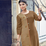 Laxmipati Rayon Cross And Swiss Slub Earthy Brown Ans Checks Kurti With Two Fabrics By Giving All Over Grading Butta With Different Princess Lines , Fancy Yoke , Classy Necklines And Sleeve With Comfy Cuff.