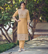 Laxmipati Rayon Cross And Swiss Slub Beige And Natural Beige Checks Kurti With Two Fabrics By Giving All Over Grading Butta With Different Princess Lines , Fancy Yoke , Classy Necklines And Sleeve With Comfy Cuff.