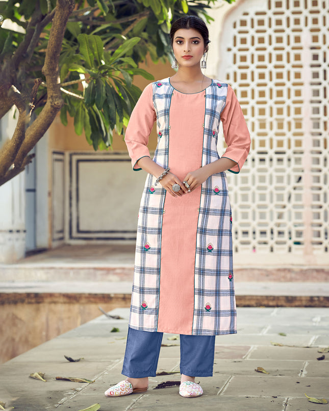 Laxmipati Rayon Cross And Swiss Slub Bone White And Grey Checks Kurti With Two Fabrics By Giving All Over Grading Butta With Different Princess Lines , Fancy Yoke , Classy Necklines And Sleeve With Comfy Cuff.